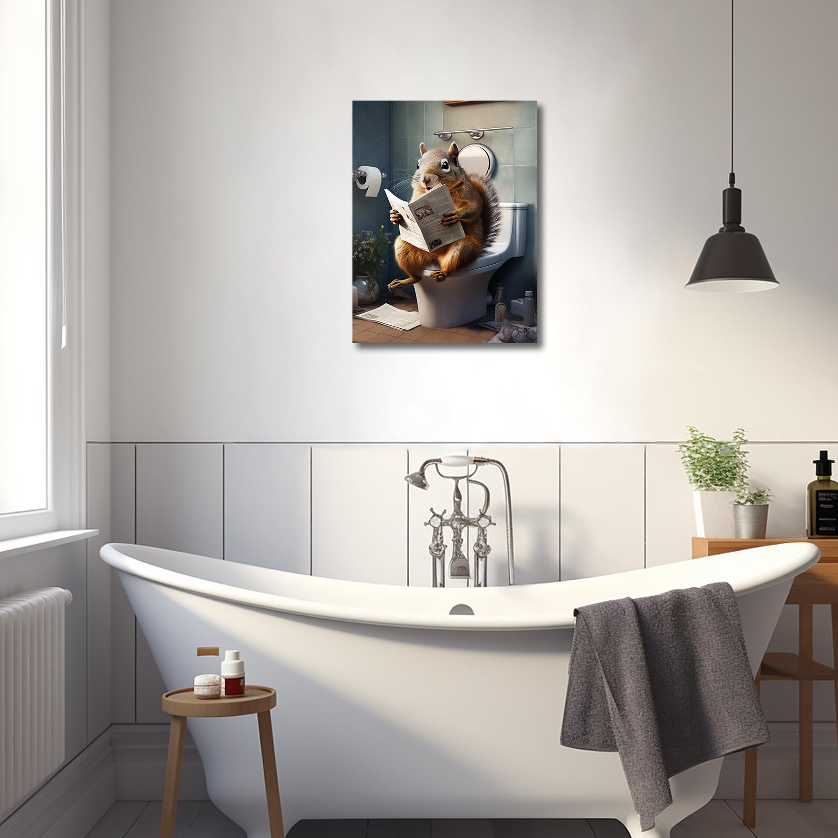 Wooden Framed Bathroom Canvas Wall Art Squirrels on The Toilet Picture Painting Poster Yellow Brown Humor Animals Canvas Prints Living Room Gallery Hallway Corridor Toilet Bathroom Wall Decor 30x40cm - Image 4