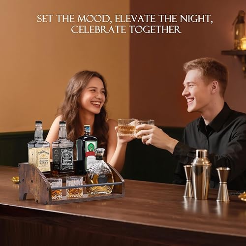 Miniatura 6 de Estante de exhibición de madera para botellas de licor, estante de vino de licor de 2 escalones, organizador de jarabe de café, mini bar para el