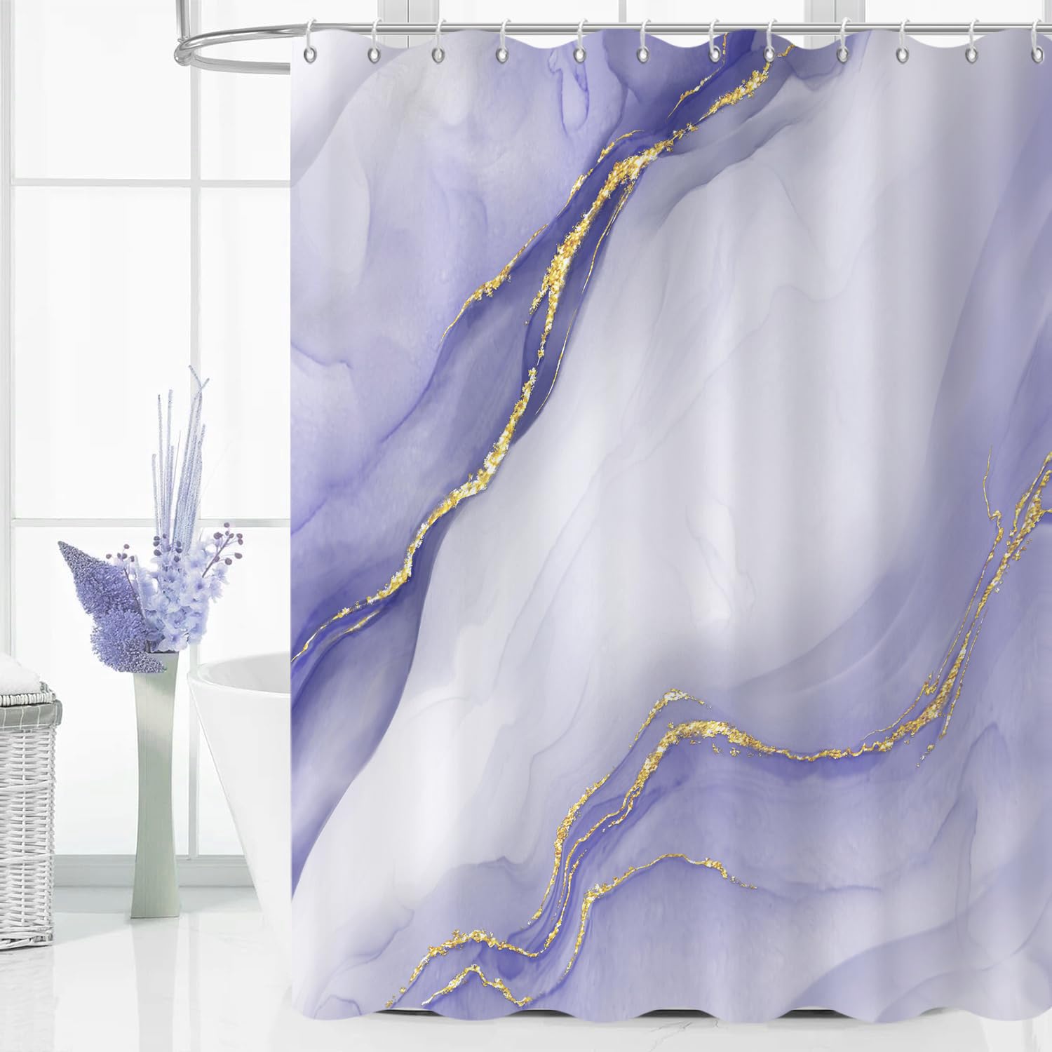 GCIREC Shower Curtain, 165x180cm, Purple Gradient with Gold Marble Modern Art Waterproof Fabric Machine Washable Bathroom Curtain with Hooks