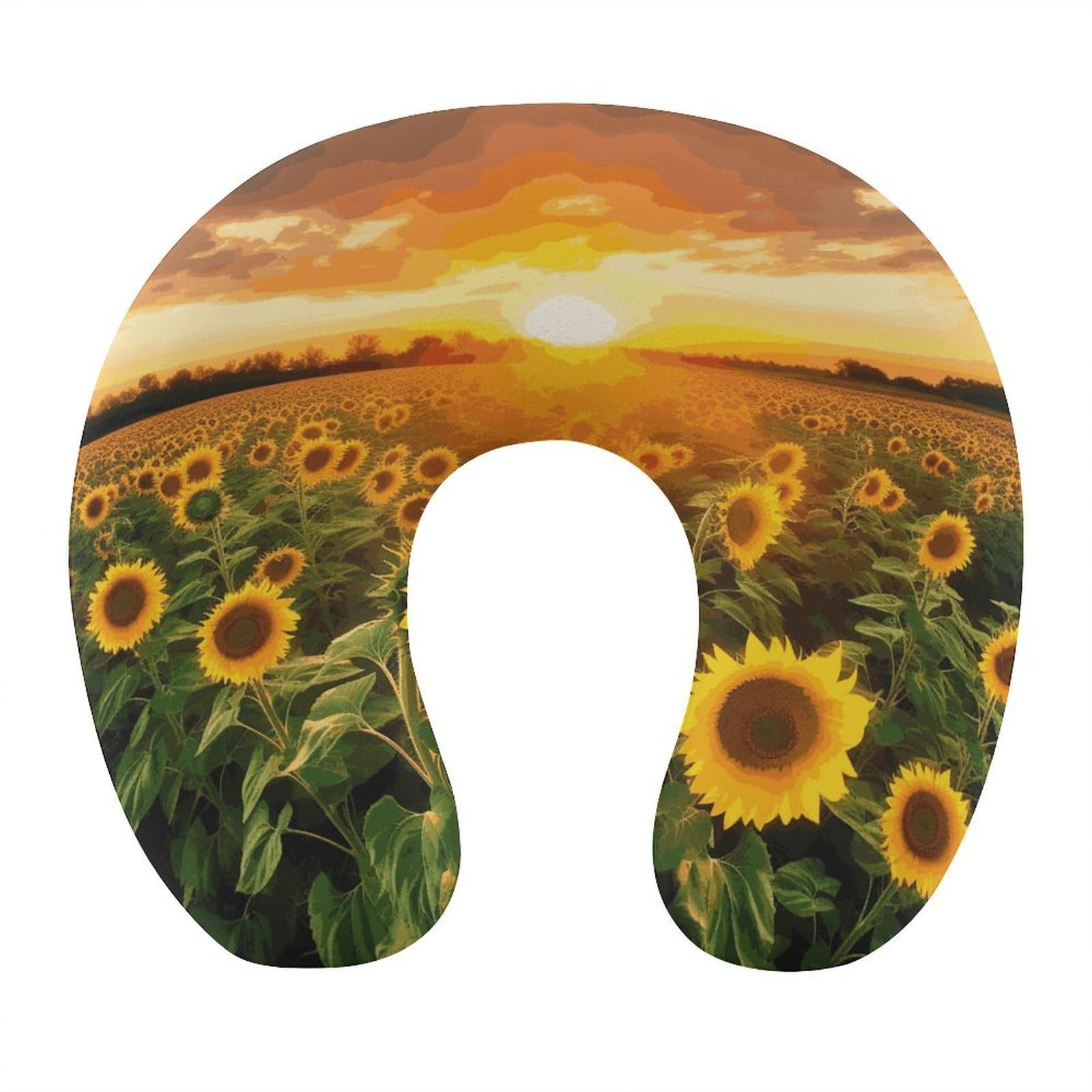 FekiLoot Sunflower Field Sunset Travel Pillow,U Shaped Office Napping Pillow Support Neck and Head Comfortable Travel Neck Pillow U Shape Sleeping Essentials for Long Haul Flights