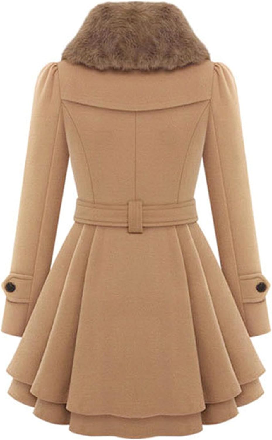 Womens Winter Warm Double Breasted Jacket Lapel Faux Fur Collar Trench Coat Mid Long Swing Coat with Belt