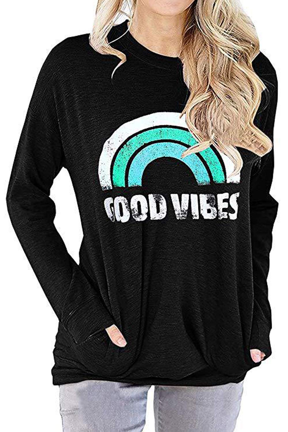 NOUYIOC Womens Good Vibes Sweatshirt Blouses Round Neck Long Sleeve Rainbow Pullover Top Casual T Shirts with Pockets …