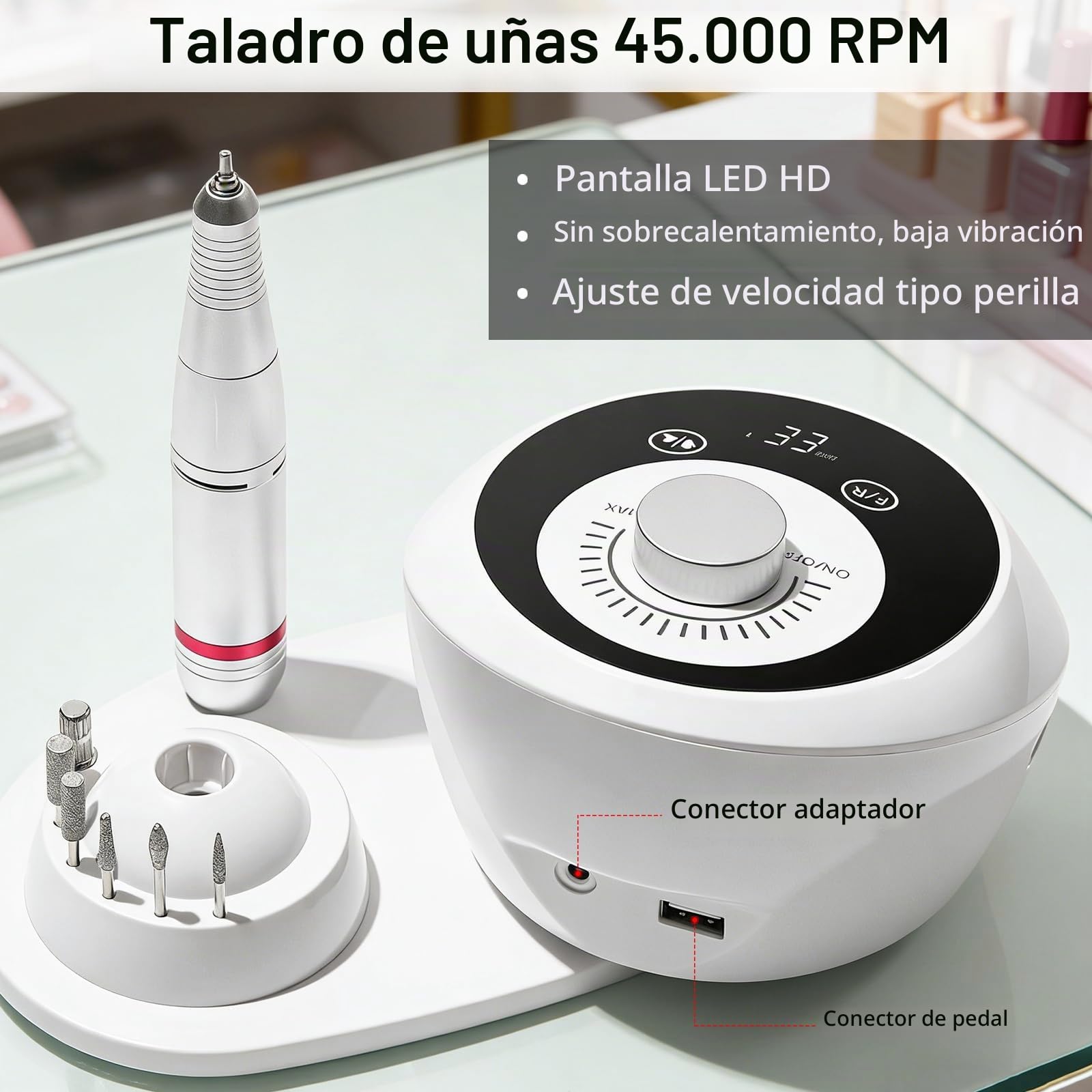 Taladro de Uñas, Torno para Uñas Profesional de 45000 RPM Para Uñas de Gel Juego de Manicura Eléctrico con Pedales Pantalla LED 6 Brocas para Uso Doméstico y Salones de Uñas