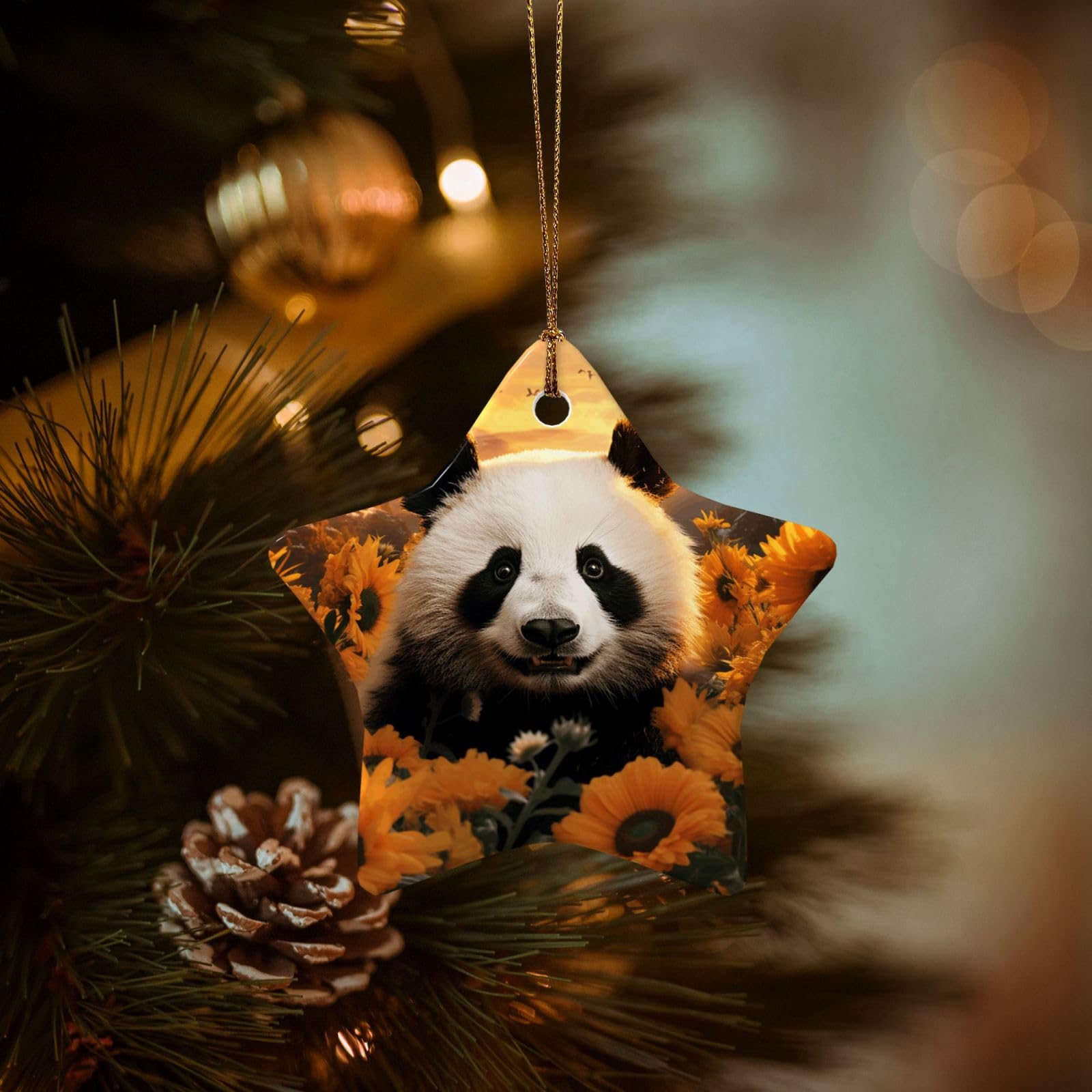 Christmas Ornaments for Christmas Tree Decoration Hanging Panda and Sunflower Ornament with Gold Ribbon Crafts Star Shape Ceramic Pendant for Keepsake Gifts Xmas Decor Party Supplies