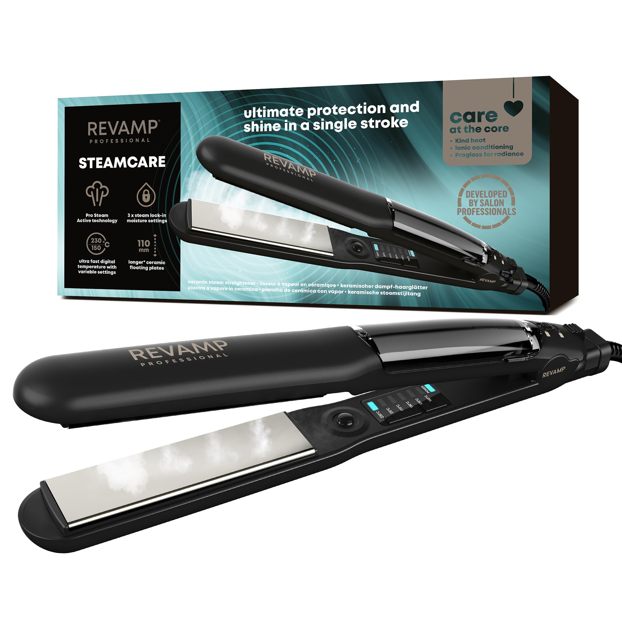 REVAMP Steam Care Plancha de Pelo de Vapor Cerámica - Iónica | Placas Iónicas, Alisado Profesional, sin Frizz, Cabello Hidratado, Calentamiento Rápido