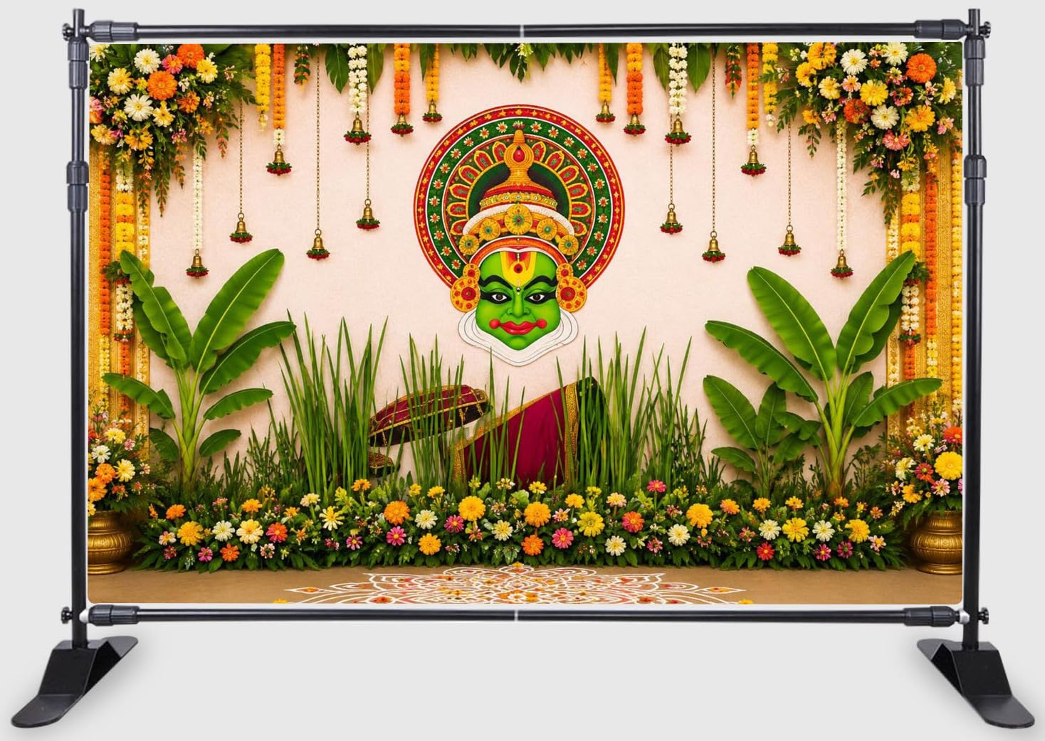 Backdropon Onam Celebration Fabric Backdrop | Kathakali Face & Floral Festival Decoration Background Size 5 Feet Height and 8 Feet Width(5 * 8)-picture-32