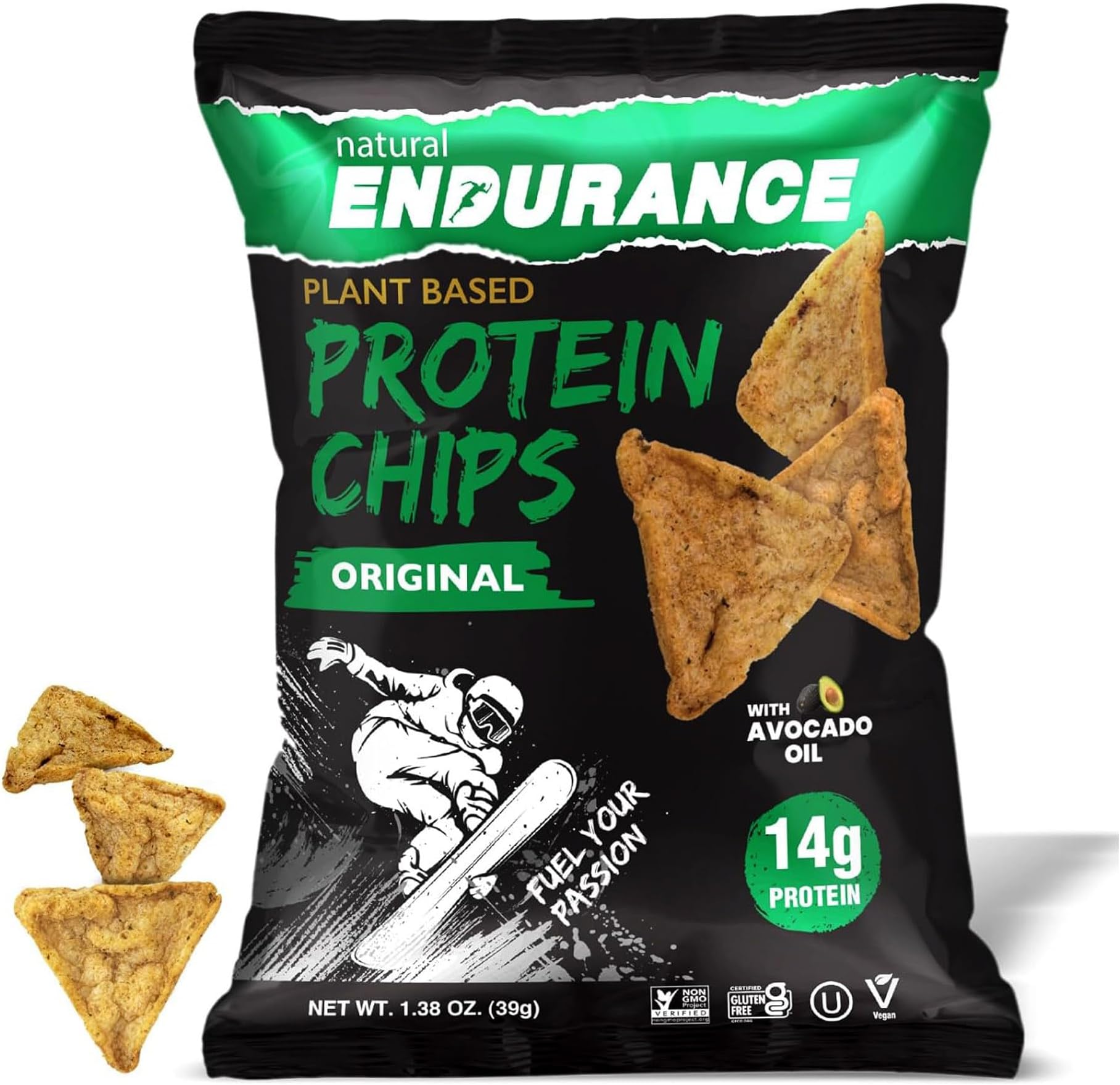 Natural Endurance Protein Chips - Nacho Chips, Low Carb Chips, High Protein Snack, Vegan Protein with Avocado Oil, 14g Protein Per Bag, Gluten Free - Nacho Flavor, 1.38 oz Bags (Pack of 12)