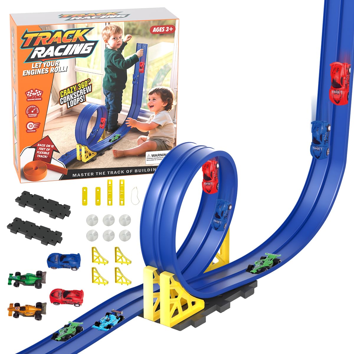 Flexible Race Track For Kids,15 Ft Flex Race Car Ramp Track with Suction Cups,Birthday Gifts for Boys Girls Ages 3+,Rolls Up Portable DIY Racetrack