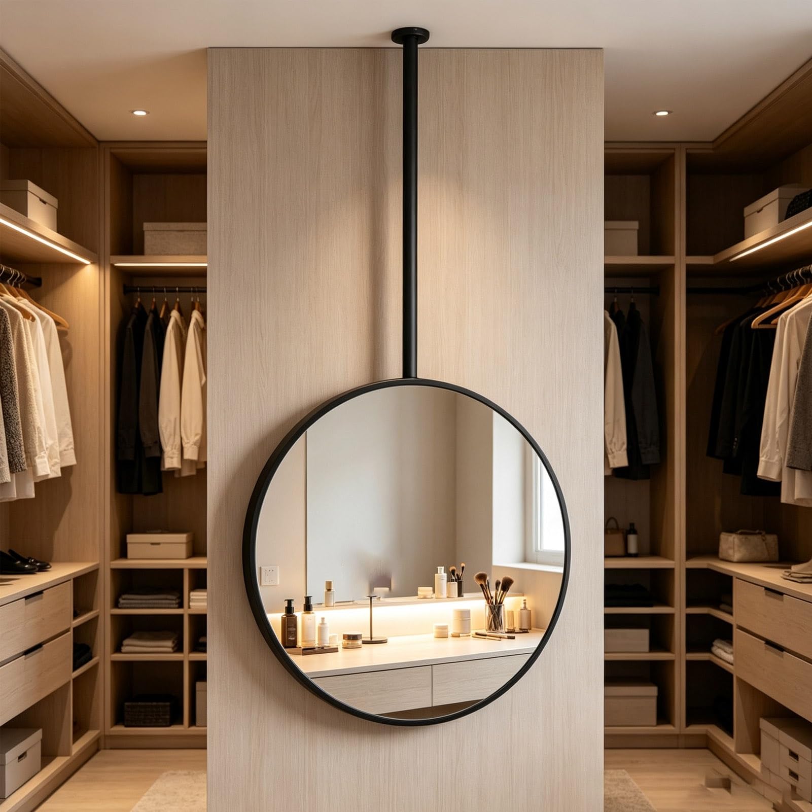 Specchi da bagno sospesi decorativi da parete, specchio per trucco cosmetico montato a soffitto, specchio sospeso con cornice in metallo circolare bianco, rotondo/nero(Nero,Diameter-50CM/19.7INCH)