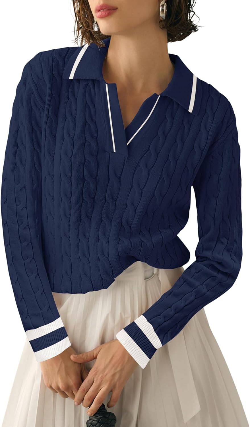 Micoson Womens Fall Long Sleeve Sweaters Lapel V Neck Cable Knitted Pullover Casual Soft Jumper Top