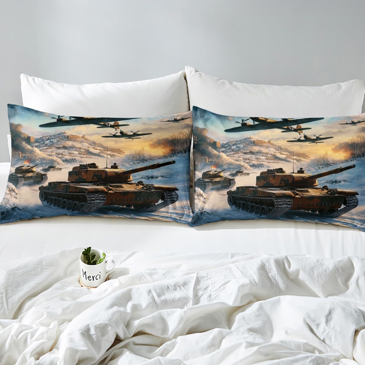 Camouflage Tank Duvet Cover Set Twin Size Fighter Airplane Bedding Set 2pcs for Kids Teens Modern Military Lover Comforter Cover 3D Army Tank Quilt Cover,1 Pillowcase(Not Comforter)