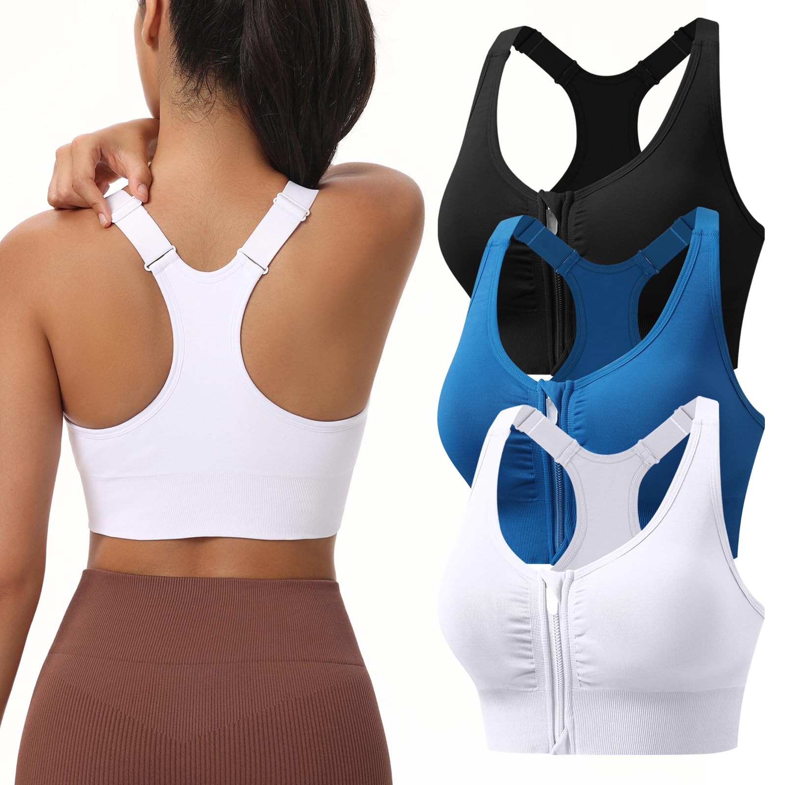 Zip Front Sports Bras for Women Adjustable Racerback Medium Support Bras Padded Post-Surgery Bras Seamless Yoga Athletic Bra
