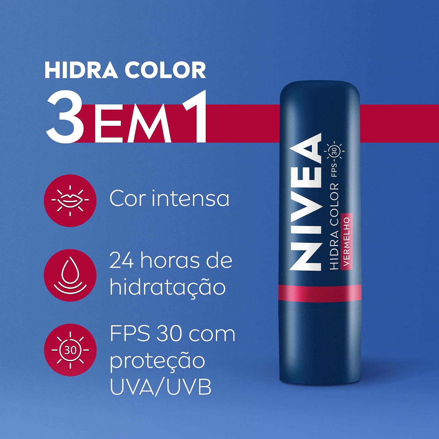 NIVEA Hidratante Labial Hidra Color 2 em 1 Vermelho 4,8g - Combina cor intensa e hidratação enriquecida com Manteiga de Karité, Óleo de Amêndoas orgânico e Vitamina E NIVEA Hidratante Labial Hidra Color 2 em 1 Vermelho 4,8g - Combina cor intensa e hidratação enriquecida com Manteiga de Karité, Óleo de Amêndoas orgânico e Vitamina E