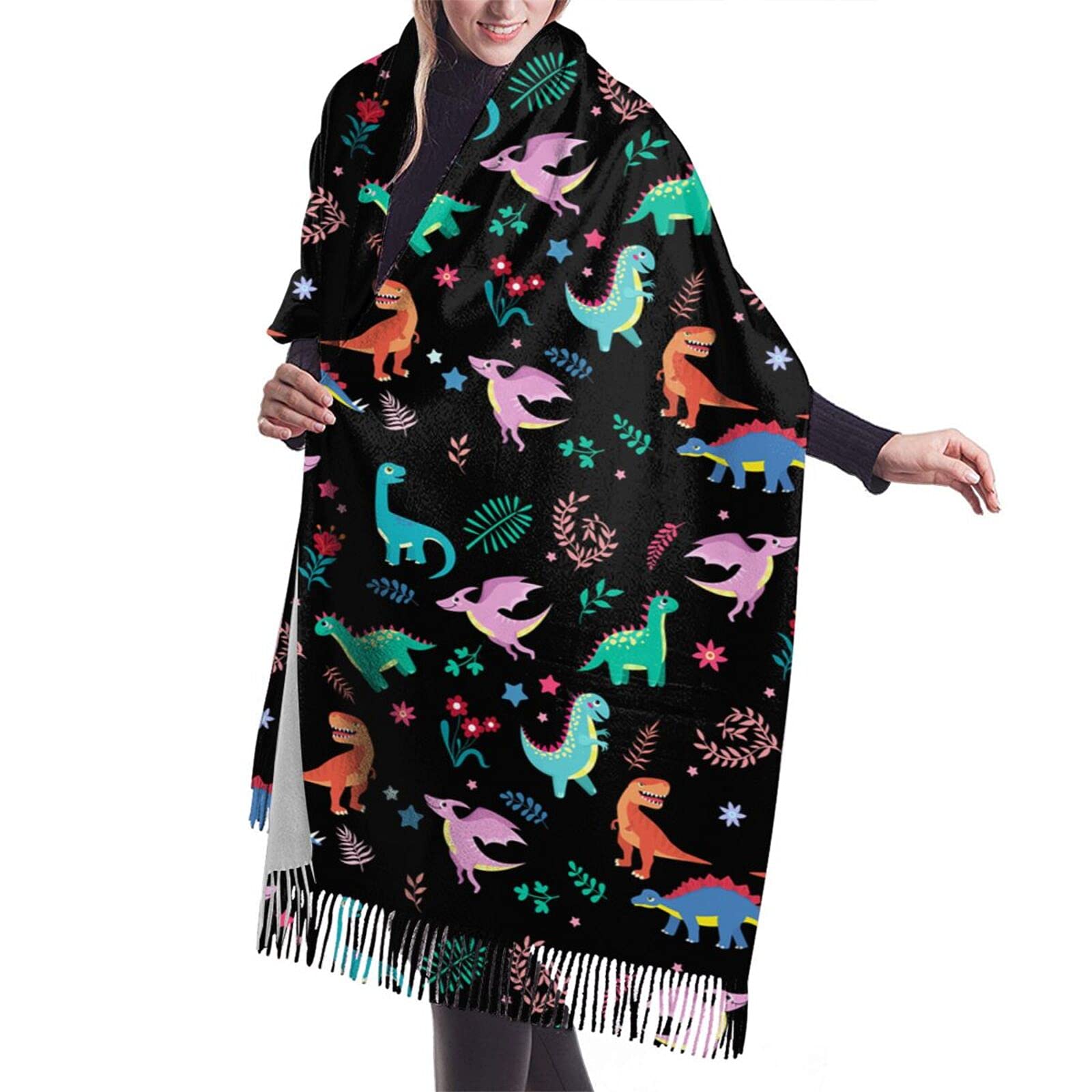 Usmeisanshi Women's Cute Dinosaur Shawl Wrap Soft Pashmina Scarf Comfortable Cashmere Scarves With Tassel For