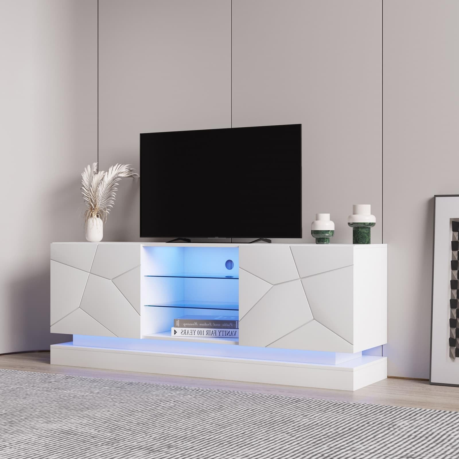 KOMHTOM Meuble TV Moderne avec éclairage LED 16 Couleurs, Meuble télé avec 2 Portes et des séparations réglables, Meuble de Salon avec Rangement (Blanc, 160x38.5x60cm)