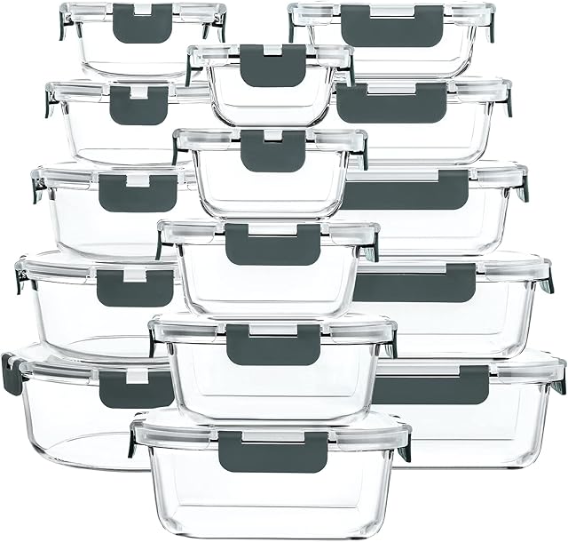 30 Pieces Glass Food Storage Containers with Upgraded Snap Locking Lids,Glass Meal Prep Containers Set - Airtight Lunch Containers, Microwave, Oven, Freezer and Dishwasher Friendly