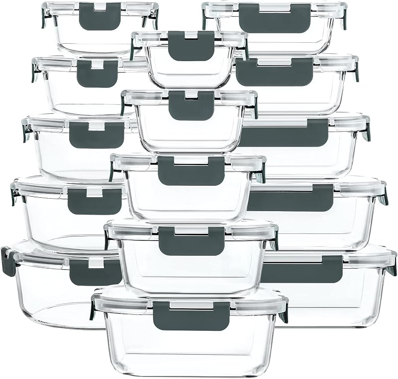 30 Piece Extra Large Glass Food Storage Containers with Lids,Gray | Glass Meal Prep Containers,Airtight Lunch Containers with Lids, Microwave, Oven, Freezer and Dishwasher Friendly, BPA Free