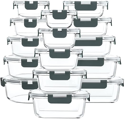 M MCIRCO 30 Pieces Glass Food Storage Containers with Snap Locking Lids,Glass Meal Prep Containers Set - Airtight Lunch Containers, Microwave, Oven, Freezer and Dishwasher