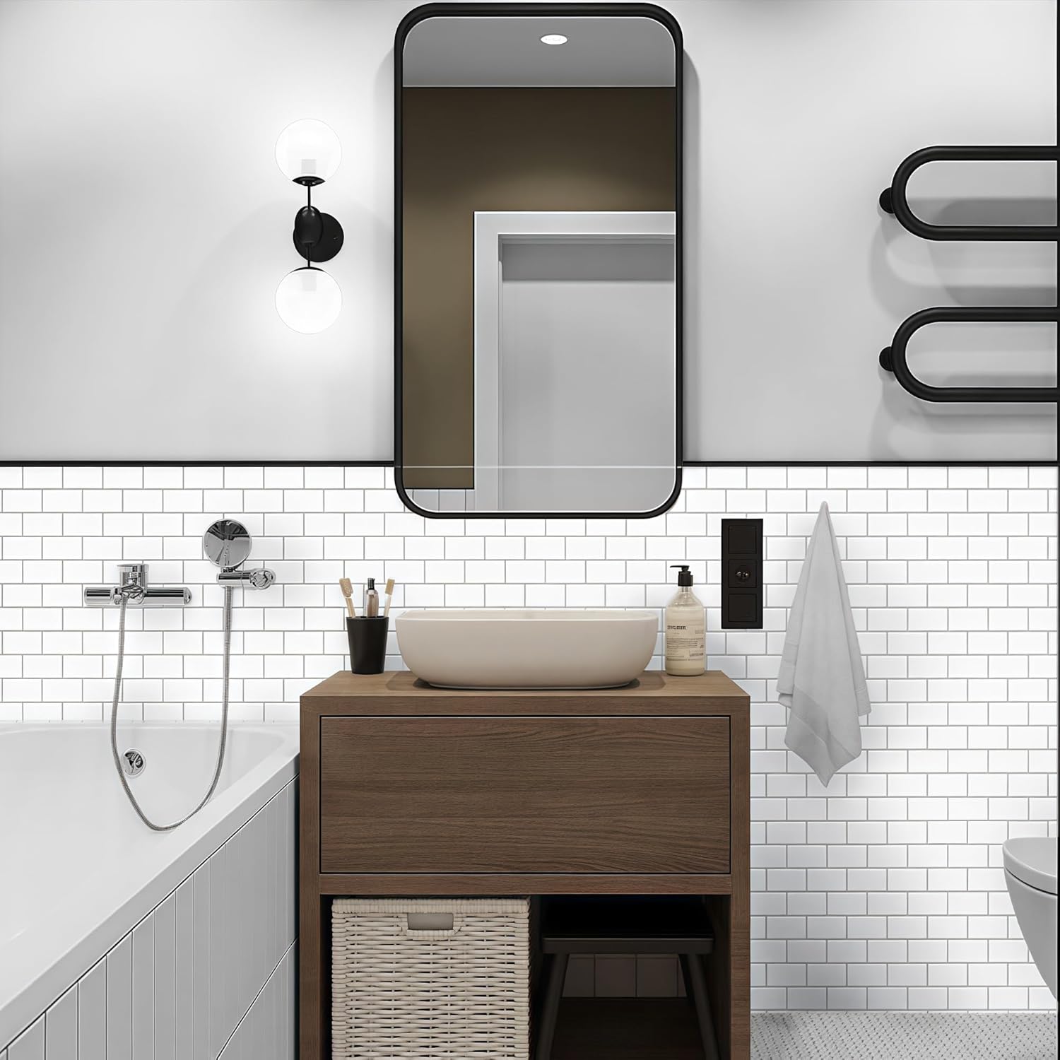 Alwayspon 10 Sheets White Brick 3D Peel and Stick Vinyl Backsplash Tiles, Self-Adhesive Wall Stickers Stick on Subway Tile for Kitchen Bathroom
