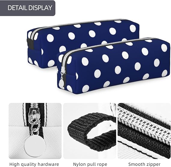 Navy Blue Polka Dot, Pencil Pouch Pen Case Portable Leather Pencil Bag with Zipper Cosmetic Pouch Bag