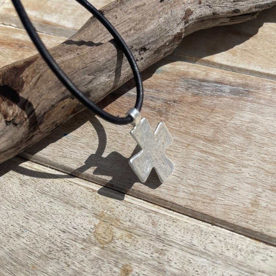 Rustic Silver Flat Cross Necklace - Gold Hammered Men Gift, Mens Gifts, Catholic Women Crosses, Religious Jewelry, Protection Charm, God Faith (Rustic Brown)