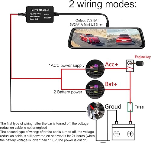 Miniatura 3 de Acouto Kit de cable rígido para cámara de salpicadero, cable de alimentación de 12 V a 28 V a 5 V, adaptador USB, protección contra