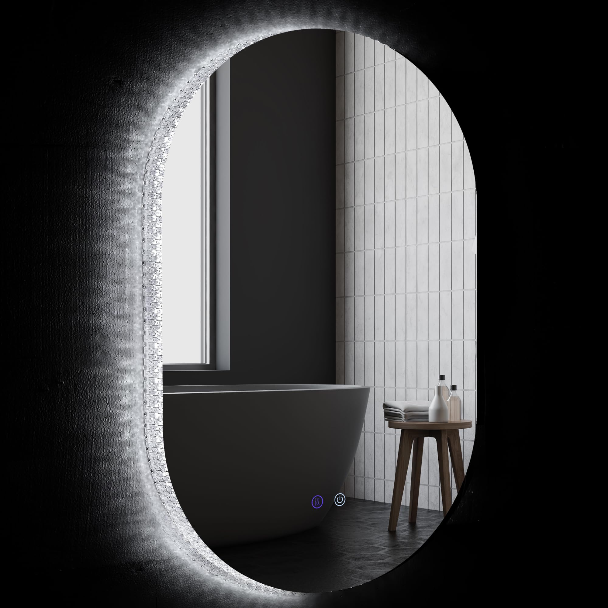 kleankin Espejo de baño de pared, espejo de baño ovalado LED, 90 x 60 cm, antivaho, colores, brillo ajustable, interruptor táctil, decoración acrílica