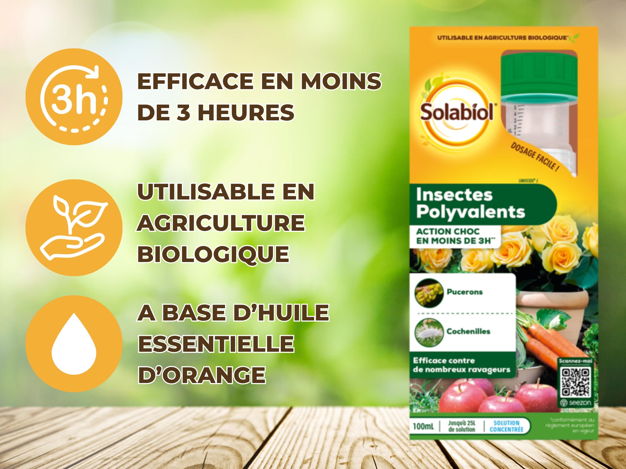 SOLABIOL Anti-Insectes Polyvalents - Action Rapide - 100ml | Effets Visibles en 3h - Pucerons, Cochenilles, Aleurodes - Utilisable en Agriculture Biologique - SOLIPOLY100N