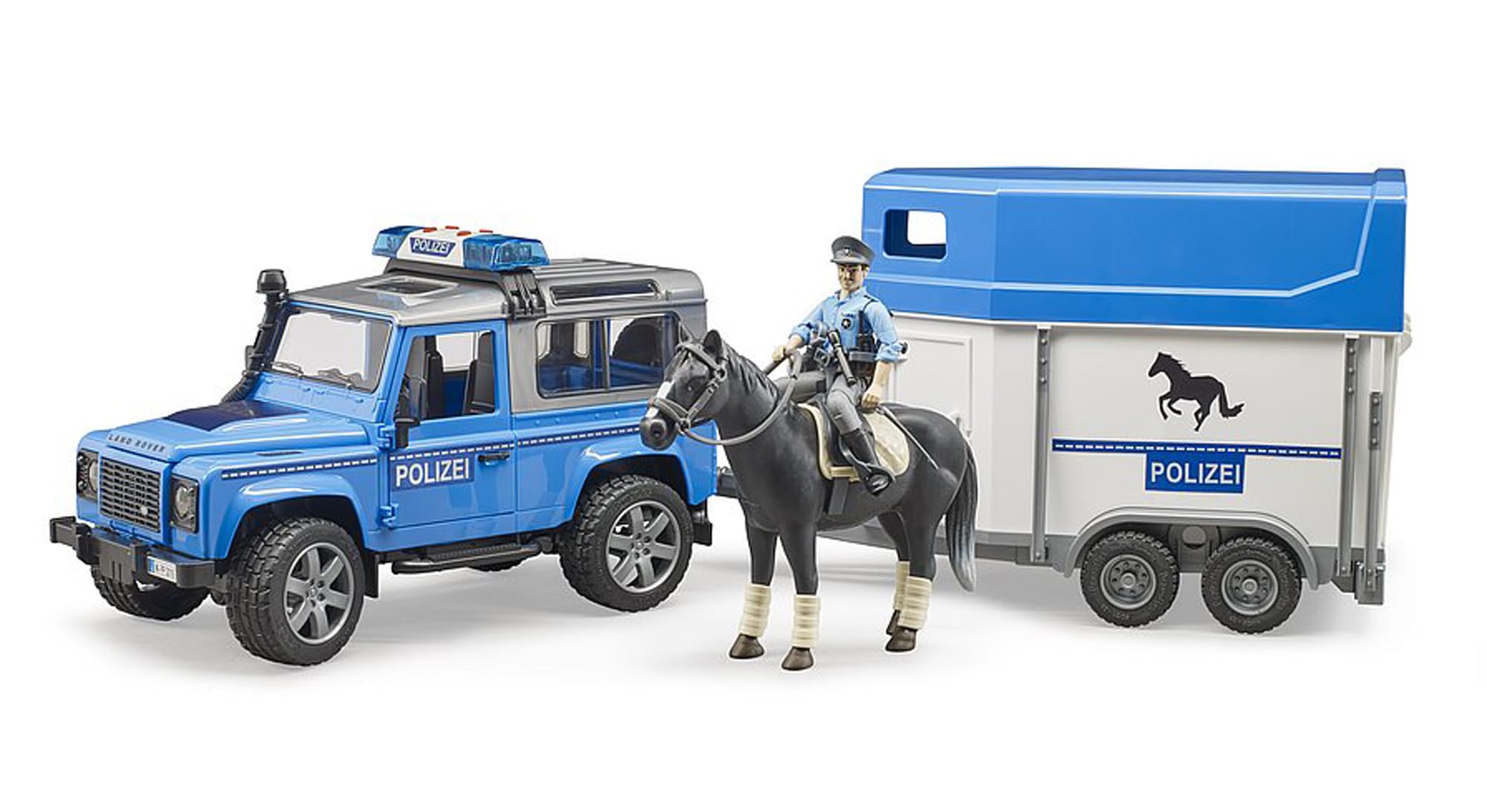 bruder 02588 - Land Rover Defender veicolo della polizia, rimorchio per cavalli, 1 cavallo, 1 poliziotto, modulo luci e suoni