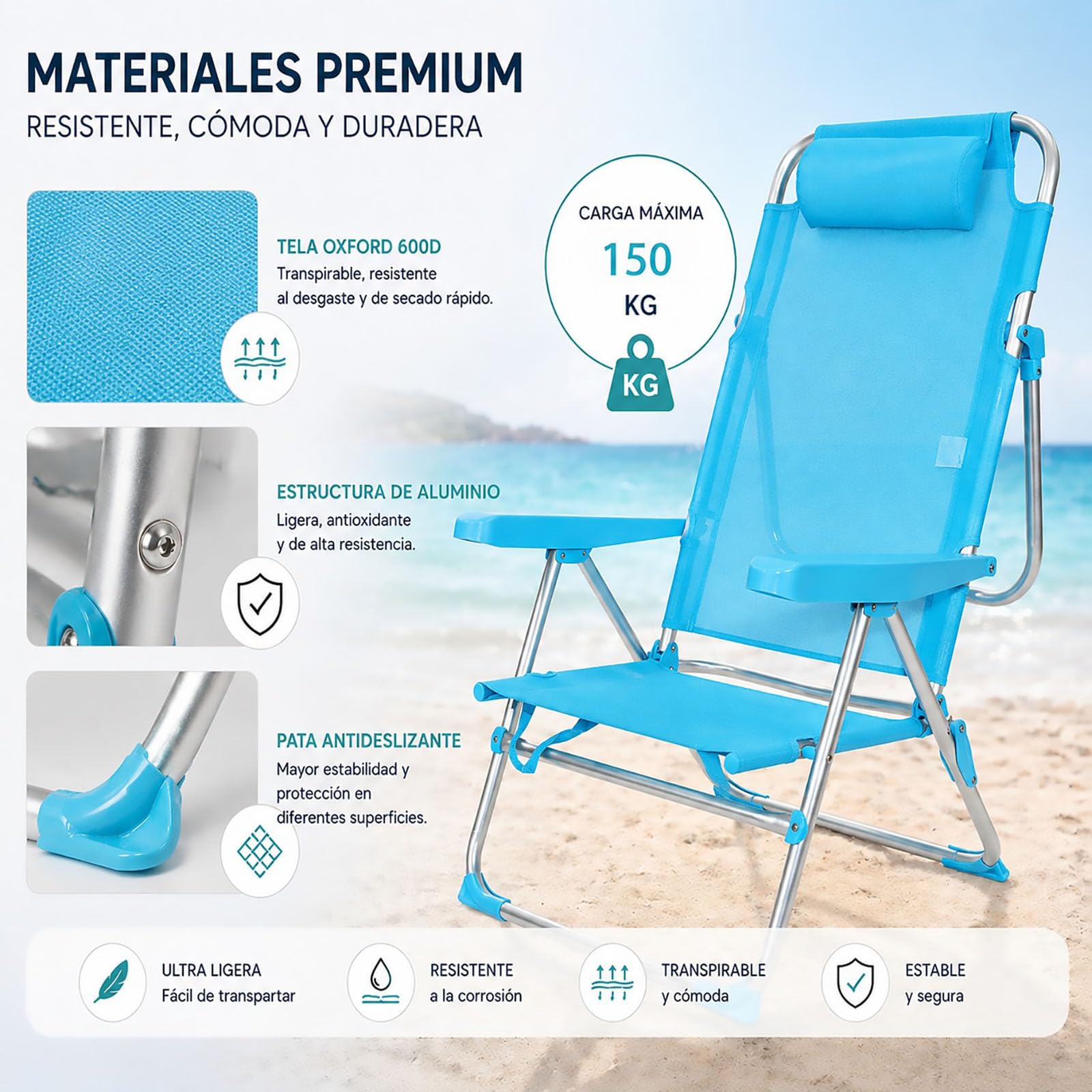 Silla de Playa Plegable Reclinable de Aluminio, 4 Posiciones Ajustables, Ligera y Portátil, Respaldo Alto con Reposabrazos, Silla Baja para Playa, Camping, Jardín y Piscina, Color Azul Liso