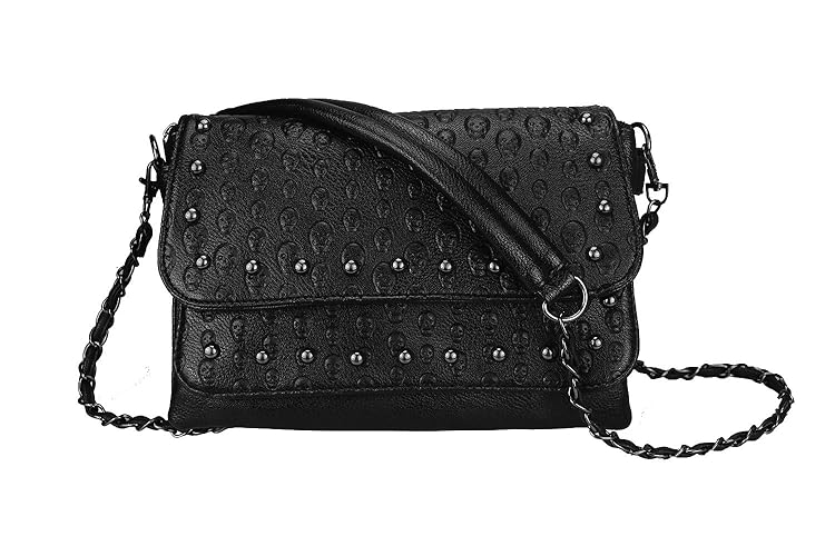 Sibalasi Women Gothic Purse Skull Crossbody bag Rivet Practical Black Shoulder Handbag Halloween purses - A