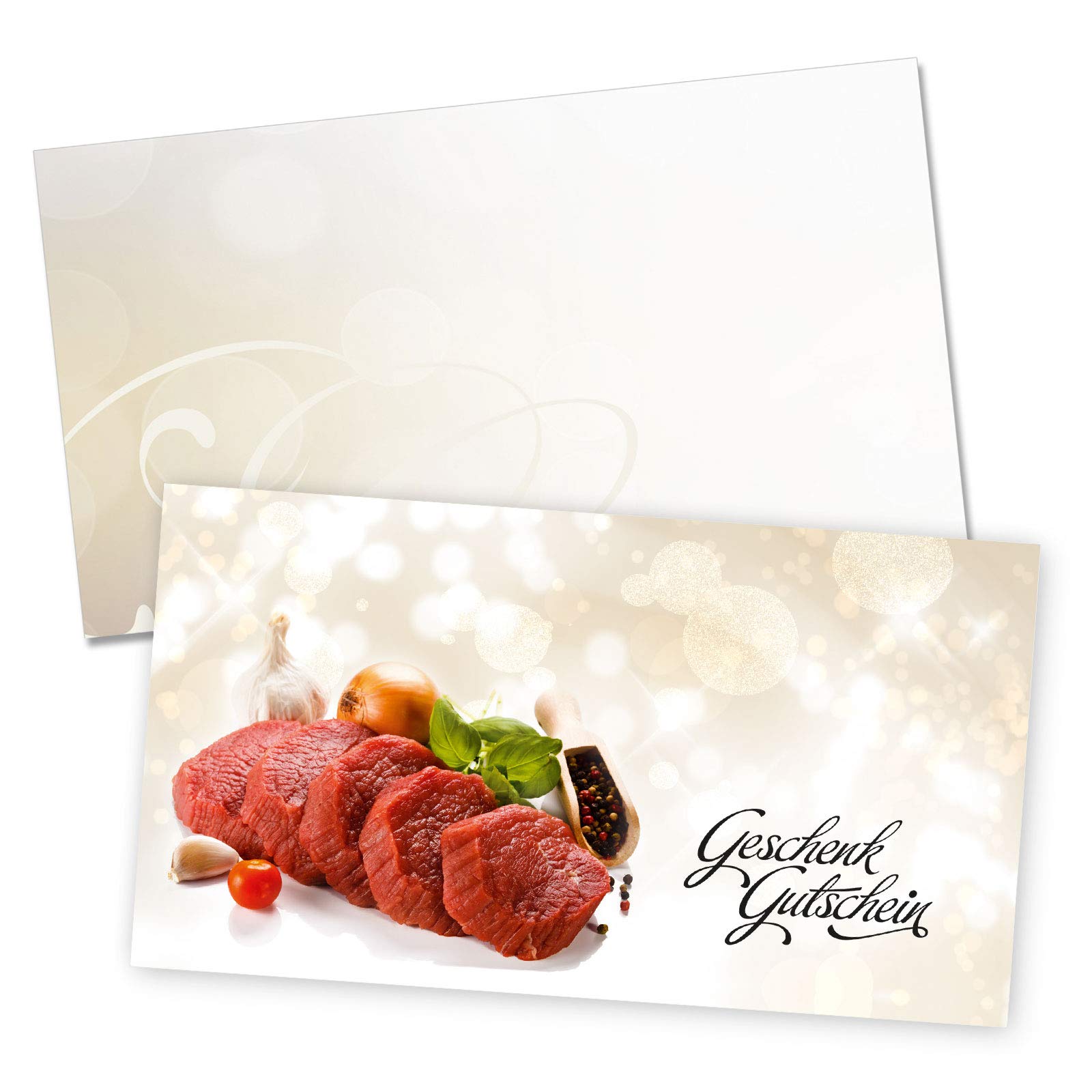 Gutschein-Set. 100x Gutschein + Kuvert. Für Metzgerei Fleischhauerei Fleischerei Unternehmen Firmen, blanko zum selber Ausfüllen.