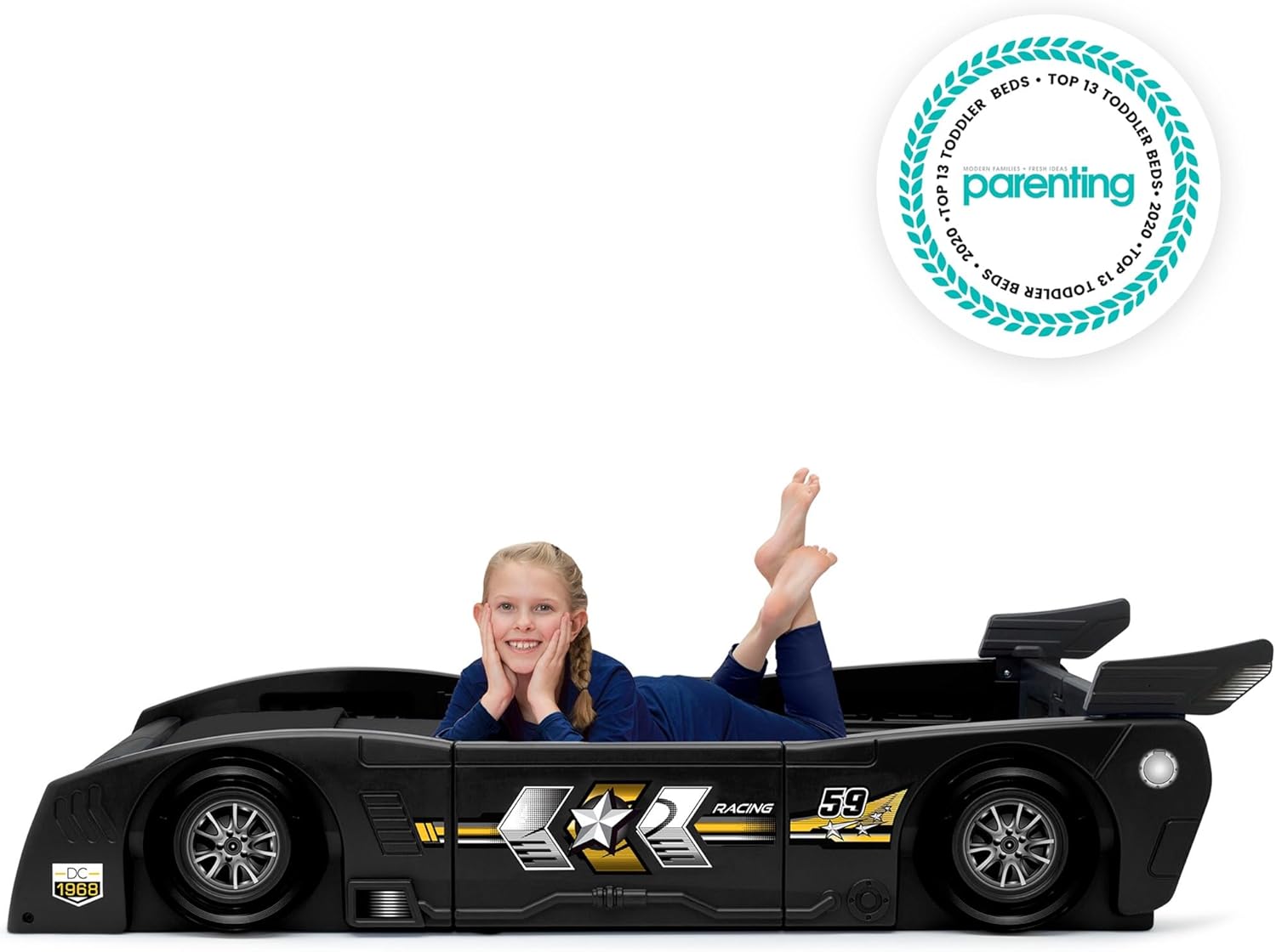 Delta Children Grand Prix Race Car Toddler and Twin Bed, Black Snooze 6 inch Memory Foam Twin Mattress (Bundle)