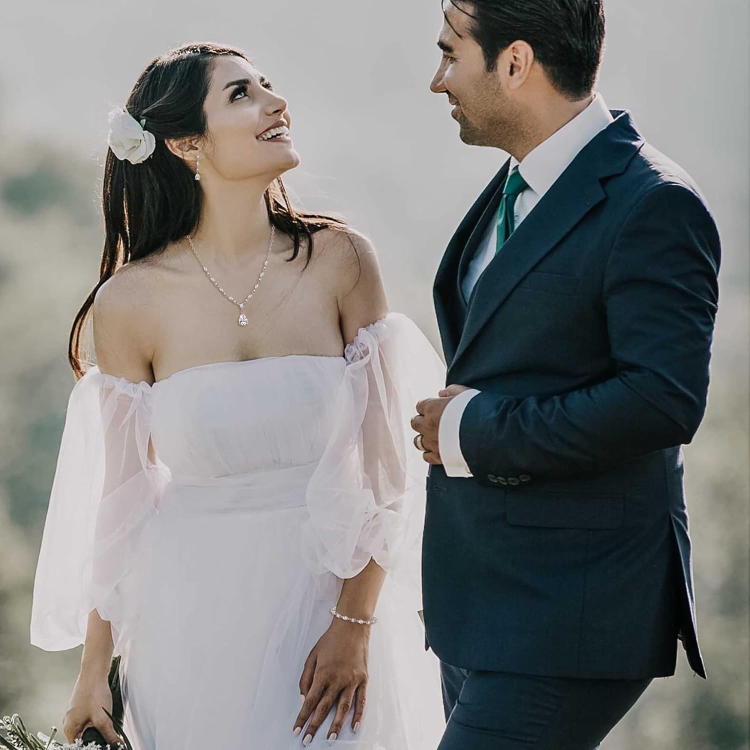 Crysdue Teardrop Bridal Jewelry Set for Wedding Party, Silver/14K/Rose Gold Plated Prom Costume Jewellery for Bride Bridesmaids Women, Cubic Zirconia Necklace Dangle Earrings Bracelet - Image 2