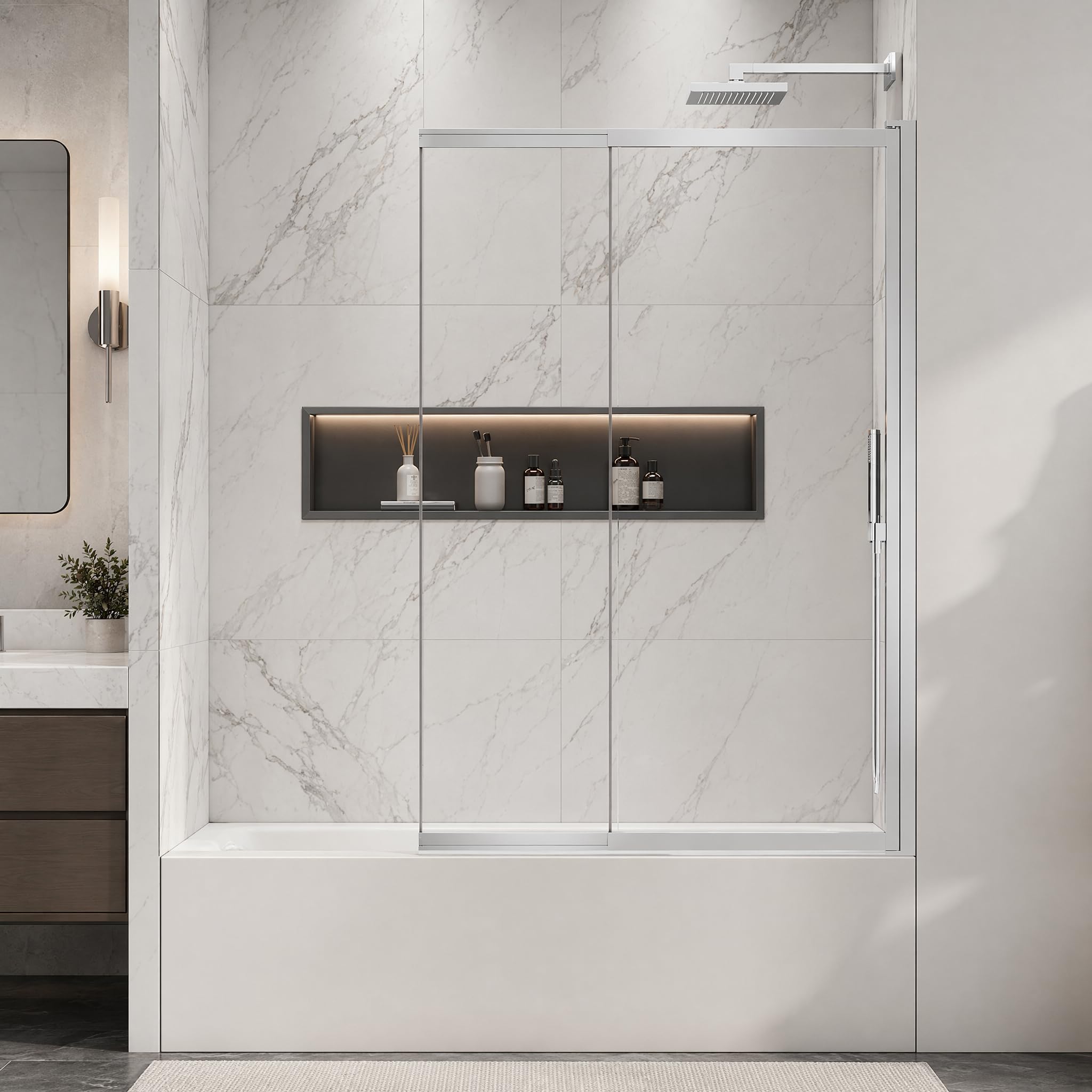 Photo 1 of Tub Shower Door 40" W x 59" H, Pivot Bathtub Glass Door, 180° Swing & Sliding Foldable Design, Frameless Clear Tempered Glass with Nano Coating, Extendable Hinged Shower Screen for Tub Polished Chrome