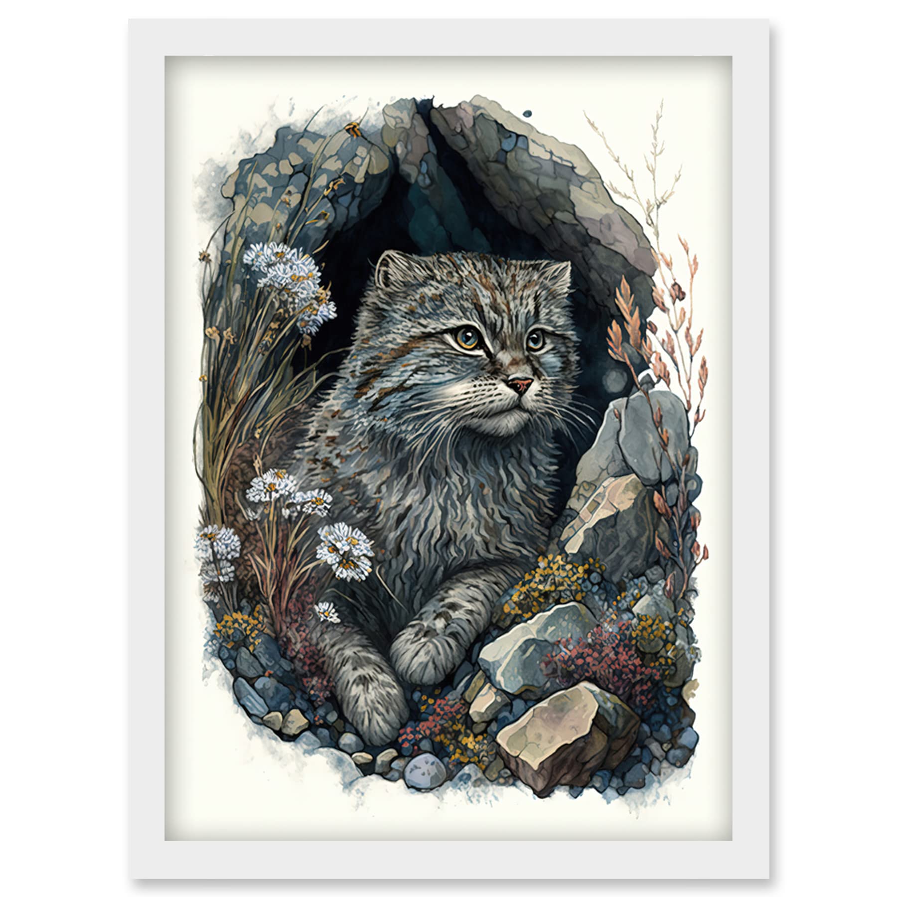 Artery8 Wild Cat in Rock Cavity with Wildflowers Detailed Watercolour Illustration Artwork Framed Wall Art Print A4