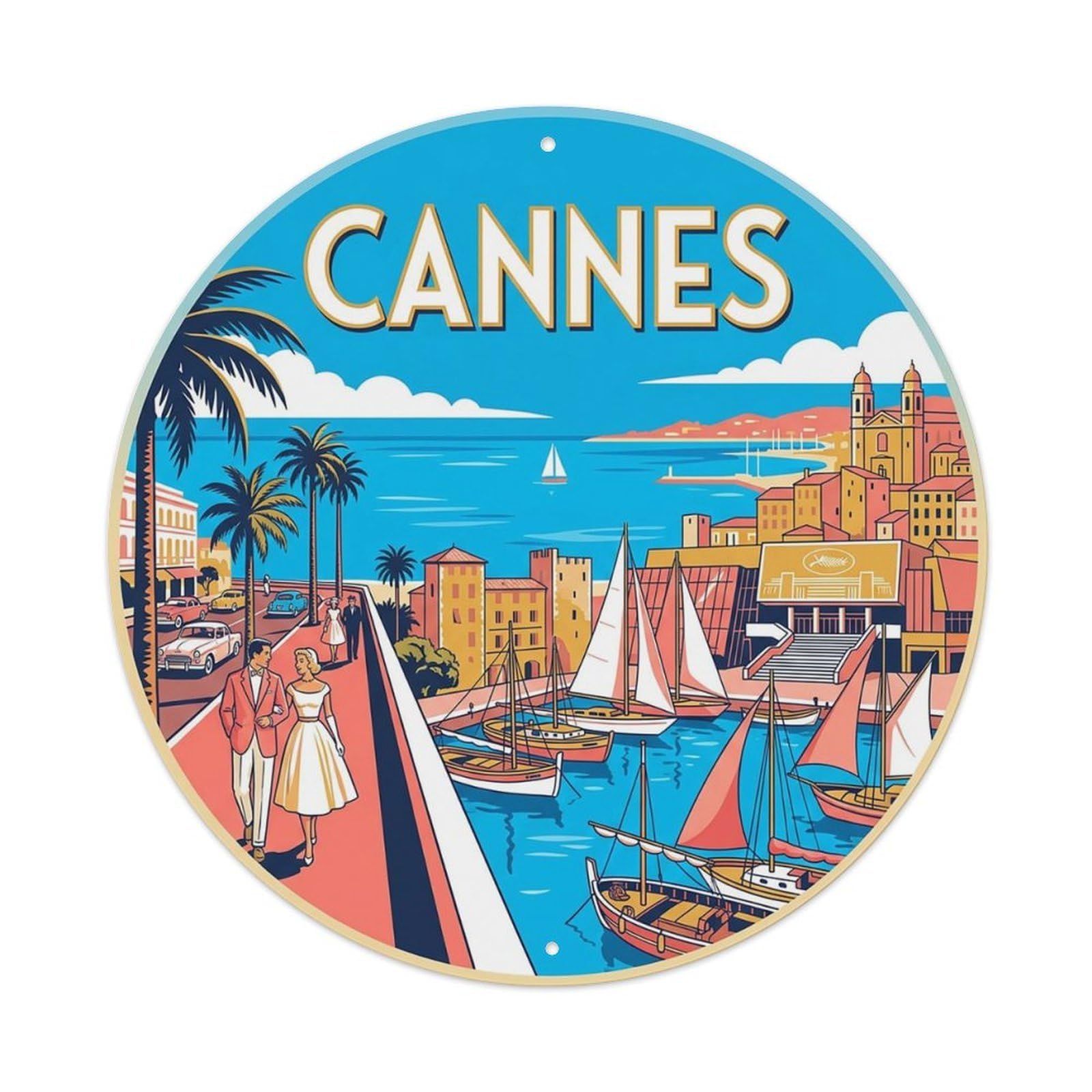 France Vintage Travel Cannes Vintage Metal Tin Sign Plaque Wall Decor for Cafe, Club Bar, Office, Garden Metal Poster 8x8Inch
