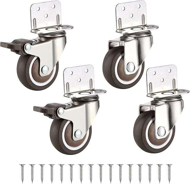 Castor Wheels Heavy Duty small Swivel Trolley Furniture Caster, Wheel diameter: 38mm, Loadable weight (single): 23KG, L-Clip Side Mount Plate, 2 with brakes + 2 without brakes, grey