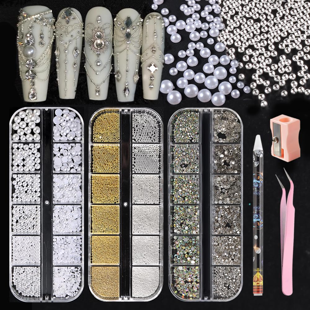 3 Boxes Nail Charms Jewels Manicure Kit, Gold Silver Mini Metal Caviar Nails Beads Studs, White Round + Half Round Pearls, Flatback Glass AB + Clear