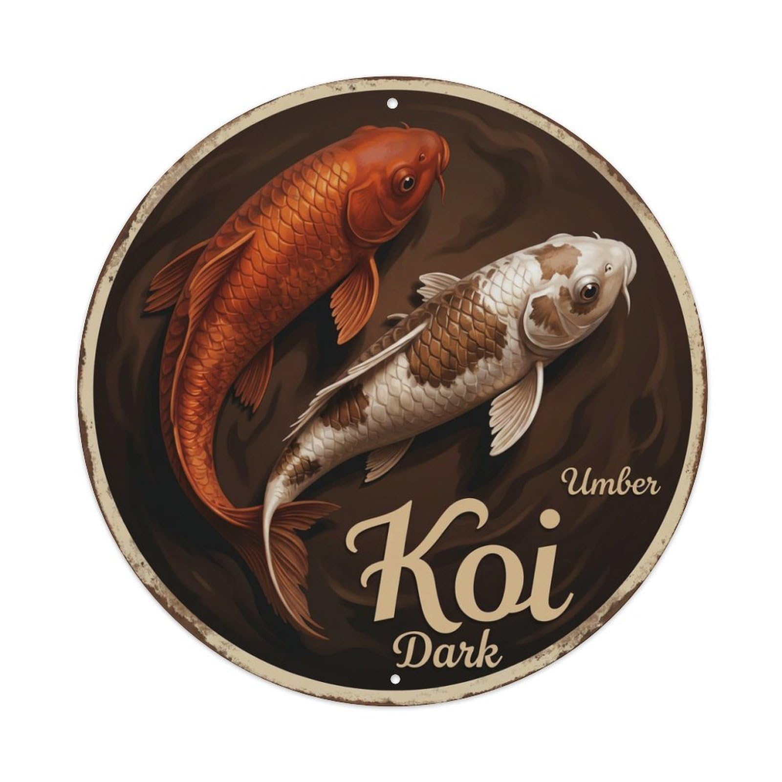 Koi Fish Umber Dark Waters Deep Brown Rich Shadowy Metal Tin Sign