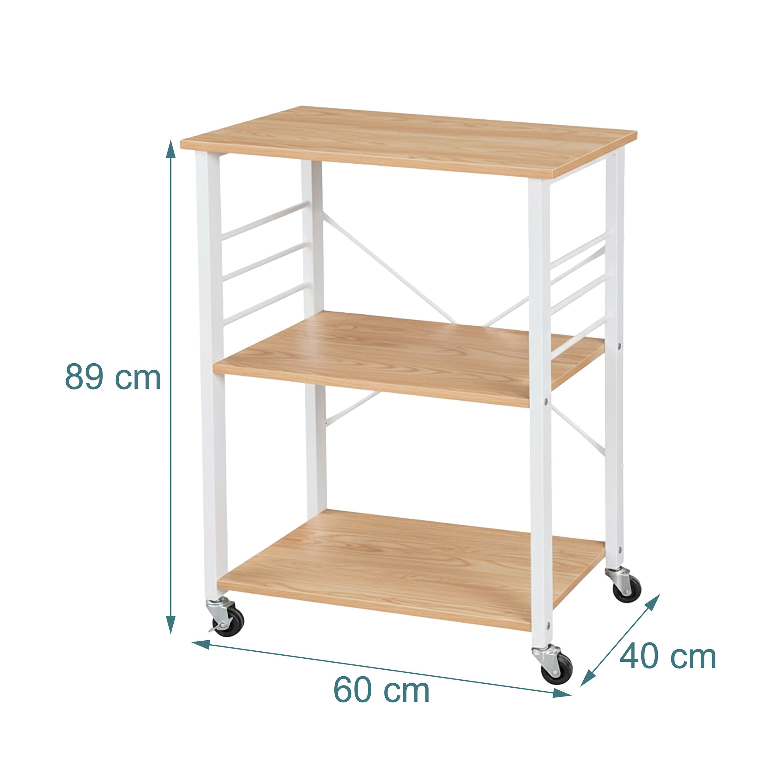 Relaxdays Carrello da Cucina, 3 Ripiani, 6 Ganci, Metallo, casa e Ufficio, HLP: 89x60x40 cm, Effetto Legno/Bianco