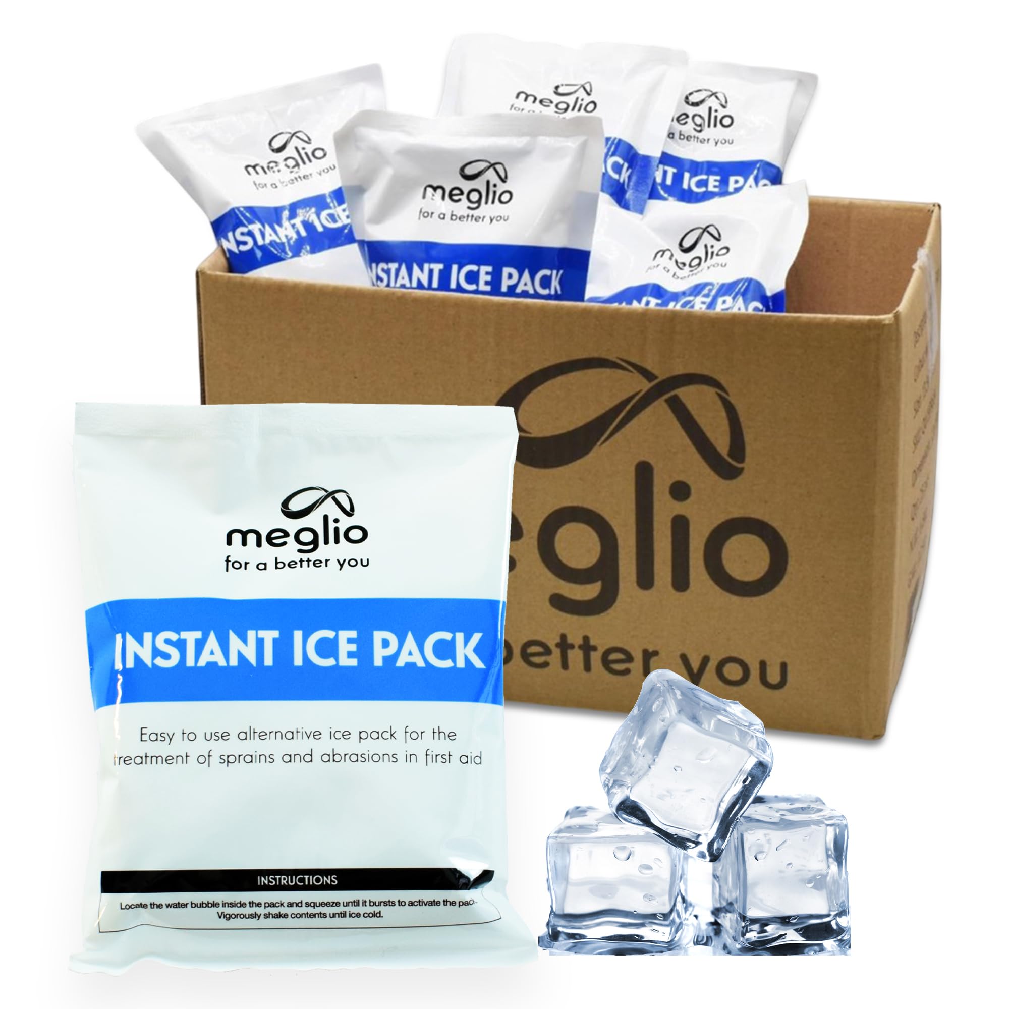 Meglio Instant Cold Ice Packs - Set of 25 Disposable Ice Pack for Pain Relief, Swelling, Inflammation, Sprains, Strained Muscles, Cold Compress Packs for Injuries | (13.5cm x 18cm)