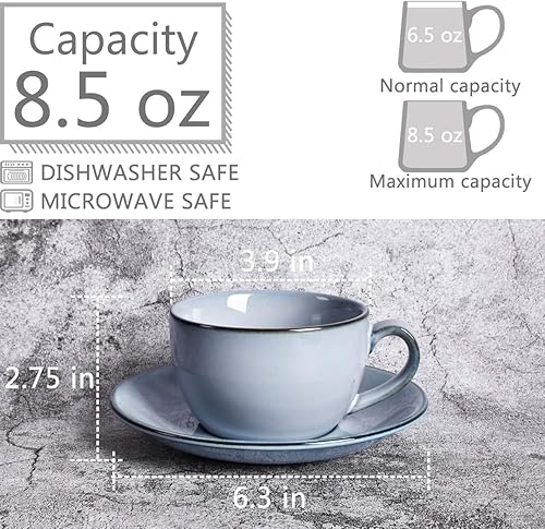 Miniatura 2 de Bosmarlin Taza de café de cerámica con platillo, juego de 2 para café con leche, capuchino, té, 8.5 onzas, apta para lavavajillas y microondas (gris