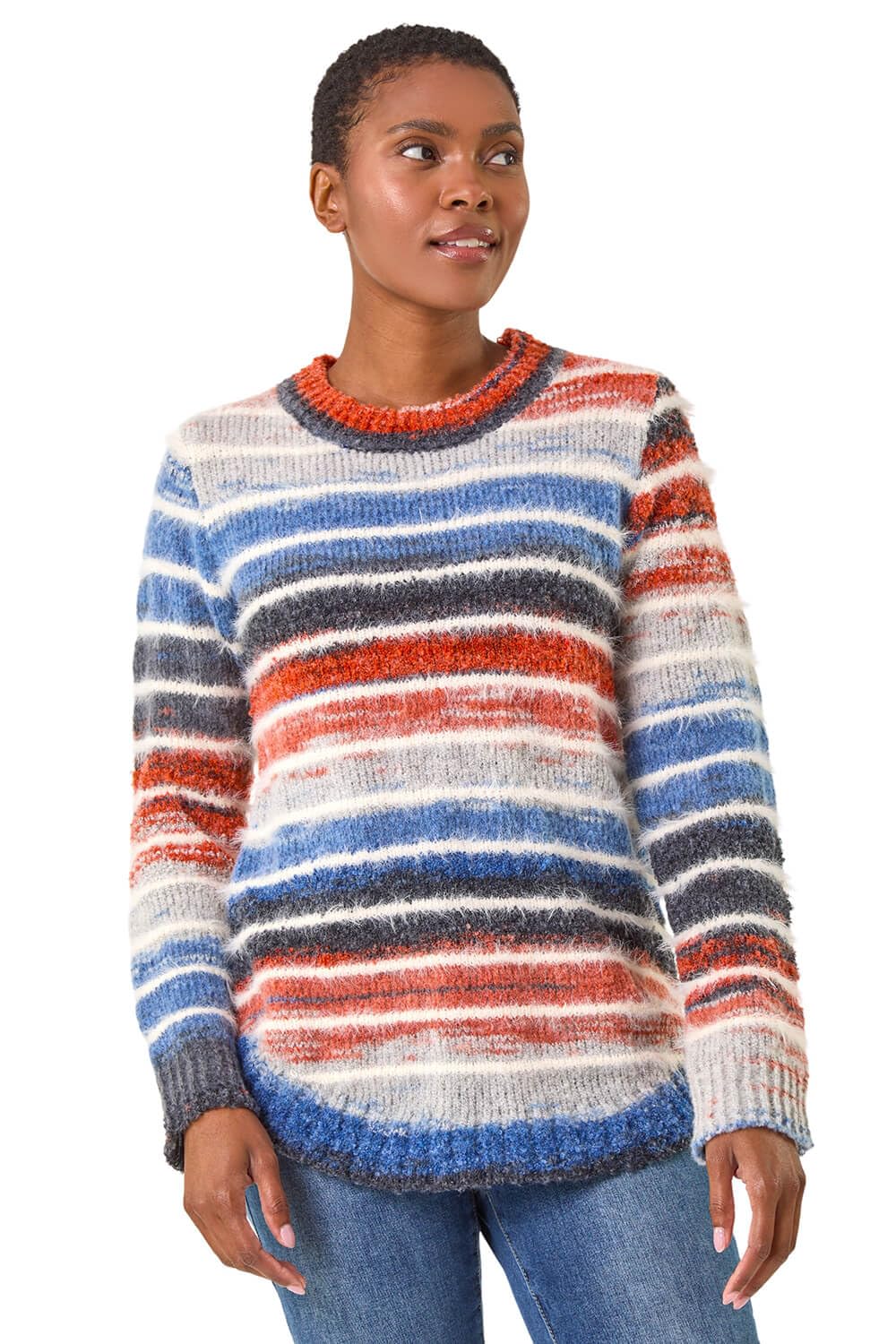 Roman Women's Mid Blue Fluffy Striped Curve Hem Jumper In Size 18