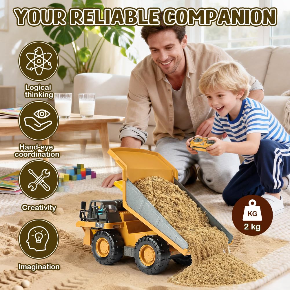 Aolso Camion-Benne Télécommandé, Véhicule de Construction RC pour Enfants, Jouet Tracteur RC 2,4 GHz avec Lumière et Son, 9 Canaux Camion Benne Jouet, pour 3+Ans, Cadeau de Noël et d'anniversaire