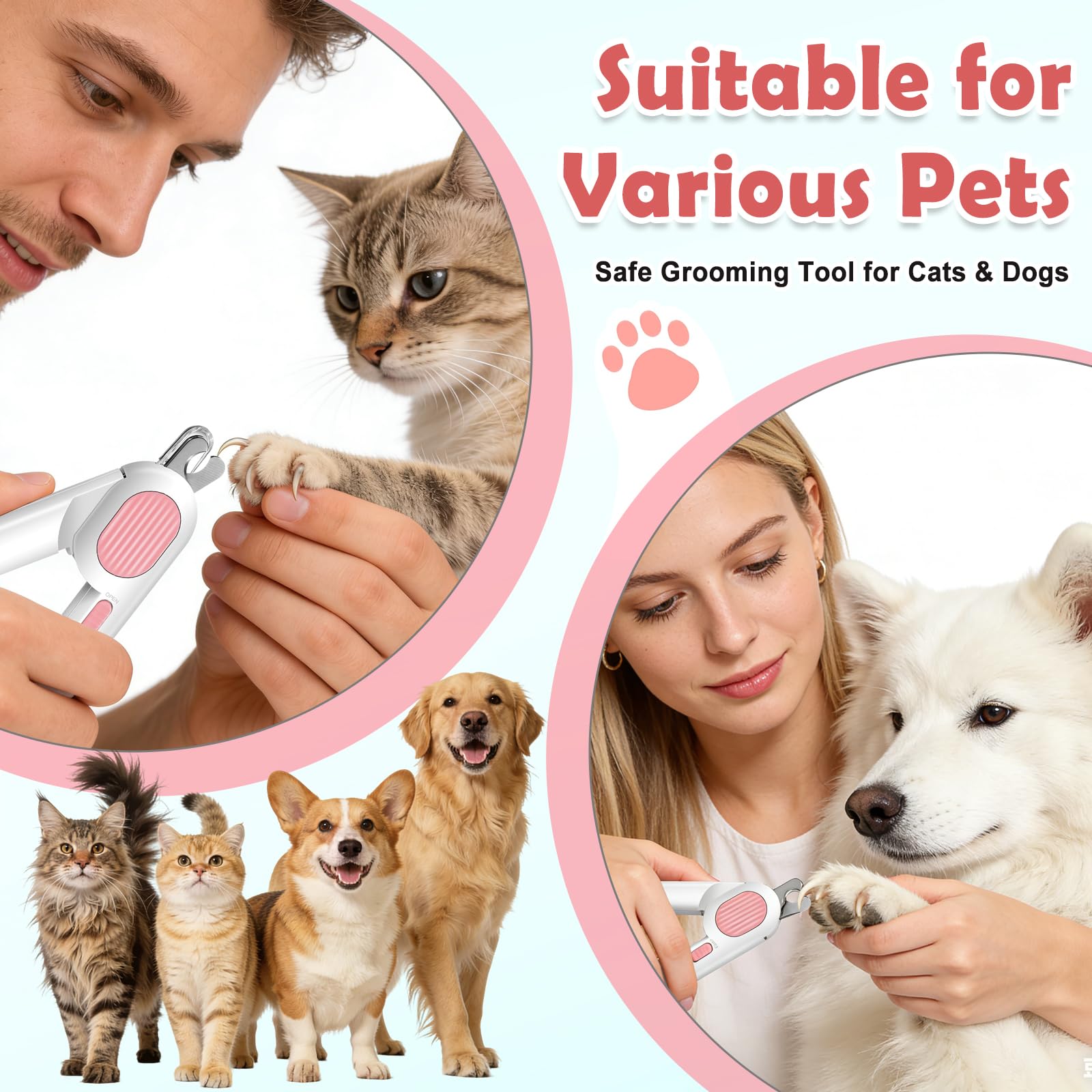 Nagelknipser für Katzen mit LED Licht, Krallenschneider aus Edelstahl mit integrierter Feile, praktischer Spritzschutz, Haustier Krallenschere für kleine Tiere, rosa