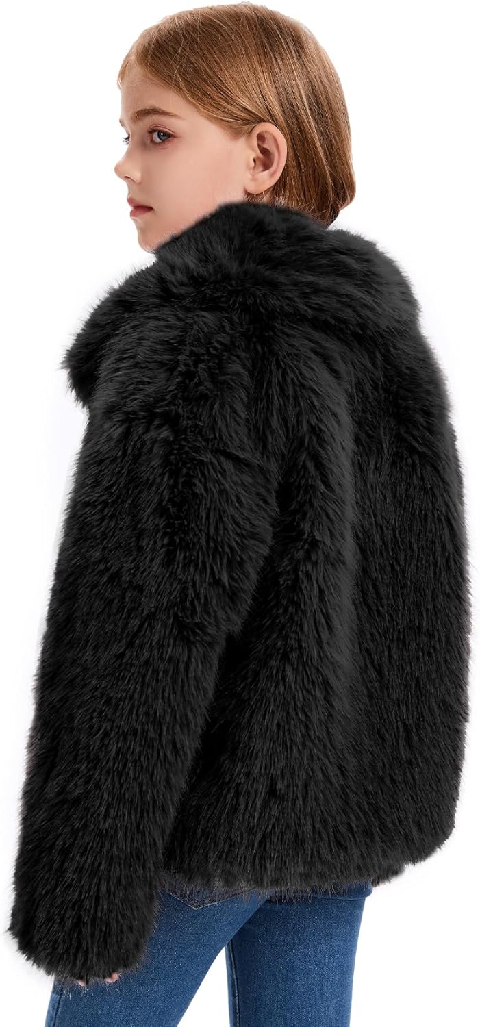 Flygo Girls Faux Fur Coat Kids Fluffy Long Sleeve Lapel Collar Open Front Jacket Warm Winter Shaggy Outwear with Pockets - Image 3