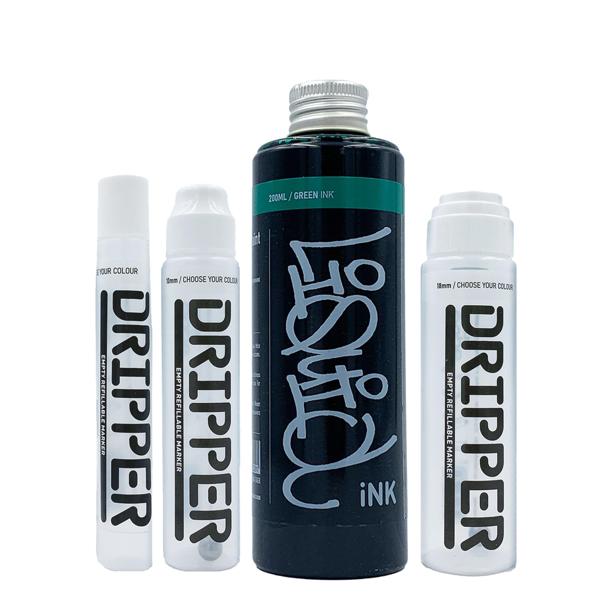Liquid Ink & Dripper Bundle Dope, Multi Colour Refill & Multi Size Empty Mop Marker Graffiti Art Pack, Permanent 200ml Alcohol Based Paint (Green)