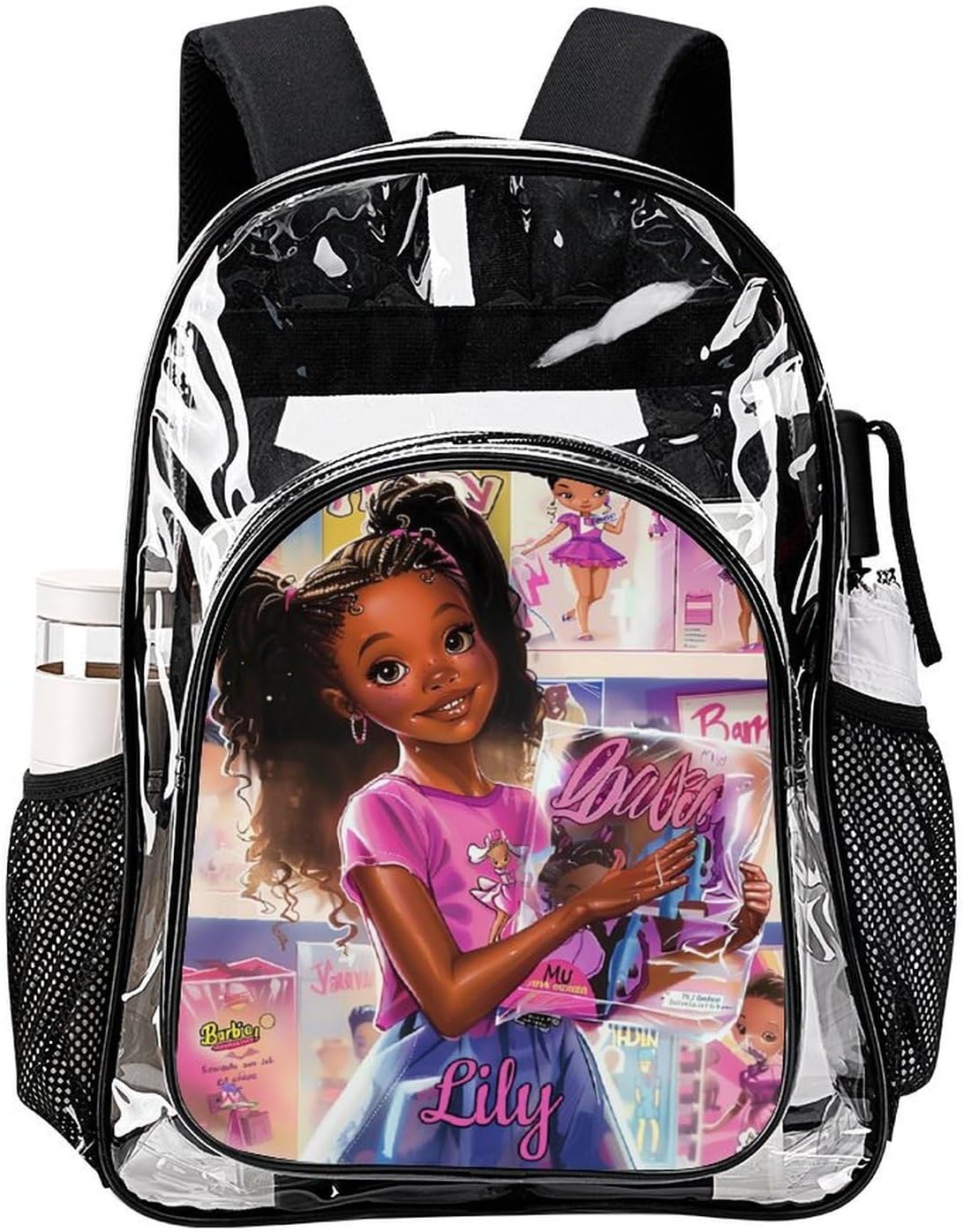 Personalized Clear Backpacks with Name, Custom Funny Girl PVC Transparent Backpacks with Reinforced Strap for Boys Girls Back to School Gifts