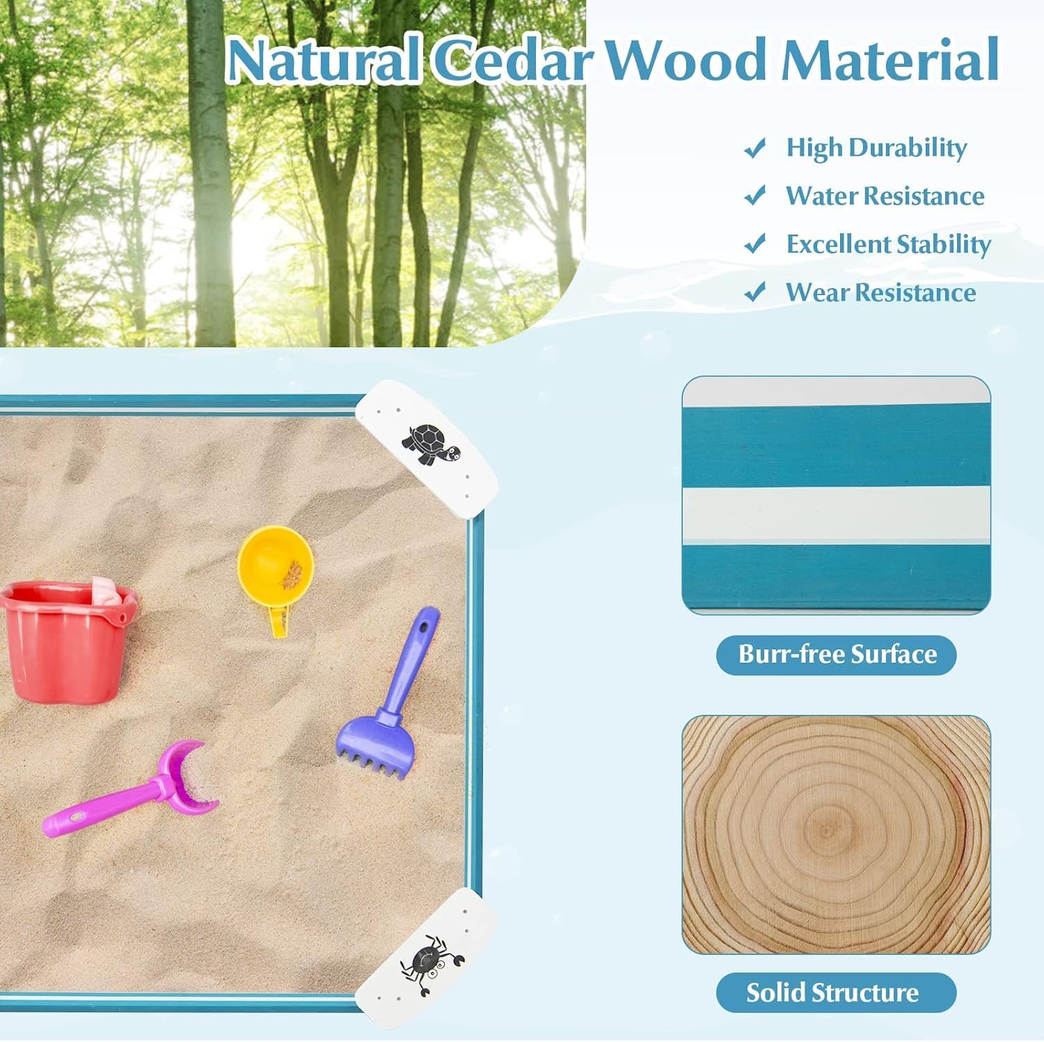 Costzon Sandbox, 49.5” x 49.5” Cedar Wood Sand Box w/ 4 Built-in Corner Seating for Children Outdoor Play in Backyard Lawn Garden Beach, Sand Pit for Kids